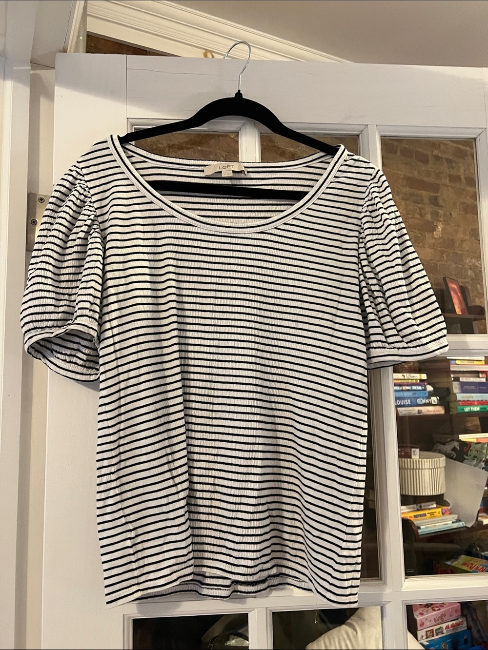 LOFT Navy & White Striped Puff-Sleeve Tee